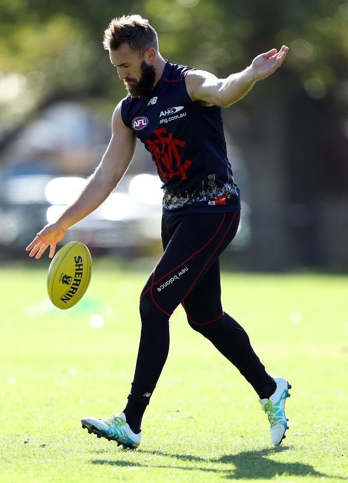 AFL 2016 Training - Melbourne 040516 MELBOURNE, AUSTRALIA - MAY 04: Lynden Dunn of the Demons controls the ball during a Melbourne Demons AFL training session at Goschs Paddock on May 4, 2016 in Melbourne, Australia. (Photo by Robert Cianflone/Getty Images/AFL Media)